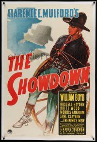 6m129 SHOWDOWN linen 1sh '40 great full-length art of cowboy Hopalong Cassidy tied to a wagon wheel!
