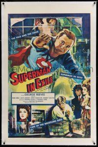 6m143 SUPERMAN IN EXILE linen 1sh '54 cool art of George Reeves as the famous comic book superhero!
