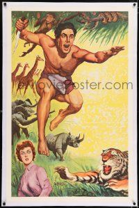 6m147 TARZAN linen 1sh 1960s cool jungle action art of Tarzan, Jane & wild animals!