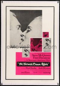 6m150 THOMAS CROWN AFFAIR linen 1sh '68 best kiss close up of Steve McQueen & sexy Faye Dunaway!