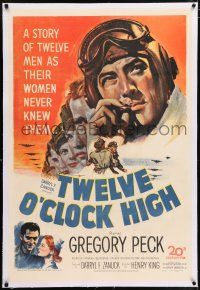 6m152 TWELVE O'CLOCK HIGH linen 1sh '50 cool artwork of smoking World War II pilot Gregory Peck!