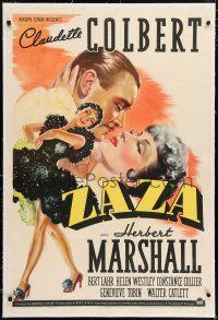 6m166 ZAZA linen 1sh '39 stone litho of Claudette Colbert full-length & kissing Herbert Marshall