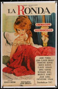 6p175 LA RONDE linen Argentinean '64 best c/u of naked Jane Fonda in bed, directed by Roger Vadim!