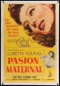 6p185 PAULA linen Argentinean '52 different super close up art of Loretta Young & with young boy!