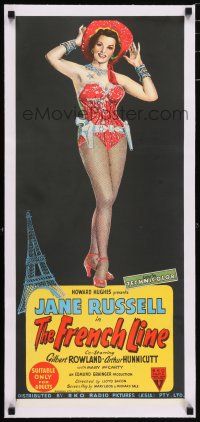 6p012 FRENCH LINE linen Aust daybill '54 Howard Hughes, hand litho of sexy showgirl Jane Russell!