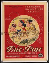 6p100 FRIC-FRAC linen French 24x32 '39 Cartier art of Arletty, Simon & Fernandel on tandem bicycle!