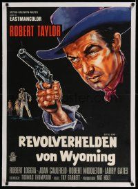 6p113 CATTLE KING linen German '63 different c/u art of Robert Taylor with pistol, Guns of Wyoming!