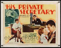 6p009 HIS PRIVATE SECRETARY linen yellow 1/2sh '33 two images of young John Wayne w/his girl Friday!