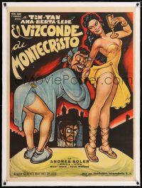 6p124 EL VIZCONDE DE MONTECRISTO linen Mexican poster '54 wacky Cabral art of Tin-Tan & sexy girl!