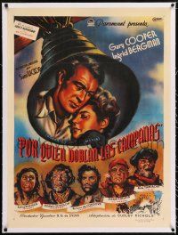 6p127 FOR WHOM THE BELL TOLLS linen Mexican poster '43 Drugana art of Gary Cooper & Ingrid Bergman!