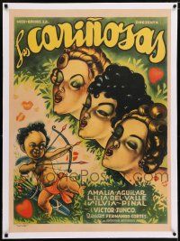 6p129 LAS CARINOSAS linen Mexican poster '53 cool Cabral art of cupid aiming for three sexy ladies!