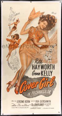 6r027 COVER GIRL linen 3sh R49 sexy full-length Rita Hayworth laying down with flowing red hair!