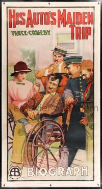6r032 HIS AUTO'S MAIDEN TRIP linen 3sh '12 great stone litho of man in wheelchair, farce-comedy!