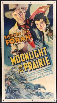 6r043 MOONLIGHT ON THE PRAIRIE linen 3sh '35 great art of Dick Foran, The Singing Cowboy & his gal!
