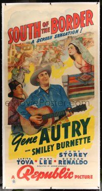 6r050 SOUTH OF THE BORDER linen 3sh '39 art of cowboy Gene Autry with guitar & Smiley Burnette!