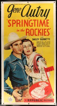 6r051 SPRINGTIME IN THE ROCKIES linen 3sh '37 cool art of Gene Autry with gun protecting his girl!