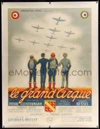 6r083 LE GRAND CIRQUE linen French 1p '50 great art of WWII pilots watching planes in the sky!