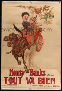 6r088 PLAY SAFE linen French 1p '27 wacky stone litho of Monty Banks fleeing in banana wagon!