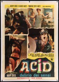6r125 ACID linen Italian 1p '68 great photo montage of crazed LSD drug users at wild parties!