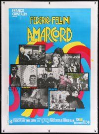 6r128 AMARCORD linen Italian 1p R70s Federico Fellini classic comedy, colorful art + photo montage!