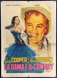 6r133 COWBOY & THE LADY linen Italian 1p R58 different art of Gary Cooper & sexy Merle Oberon!