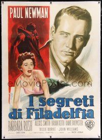 6r169 YOUNG PHILADELPHIANS linen Italian 1p '59 different Longi art of Paul Newman & Barbara Rush!