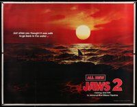 6r005 JAWS 2 linen subway poster '78 classic art of man-eating shark's fin in red water at sunset!