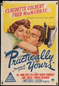 6s746 PRACTICALLY YOURS Aust 1sh '44 Claudette Colbert hugging Air Force pilot Fred MacMurray!