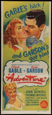6s761 ADVENTURE Aust daybill '45 stone litho art of Clark Gable w/Greer Garson & Joan Blondell!