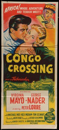 6s811 CONGO CROSSING Aust daybill '56 art of Peter Lorre pointing gun at Virginia Mayo & Nader!