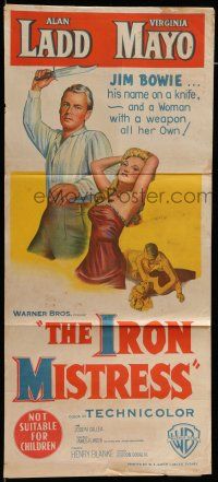 6s858 IRON MISTRESS Aust daybill '52 Alan Ladd as Jim Bowie w/ his famous knife & Virginia Mayo!
