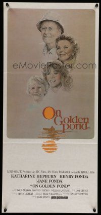 6s911 ON GOLDEN POND Aust daybill '81 art of Hepburn, Henry Fonda, and Jane Fonda by C.D. de Mar!