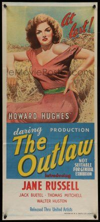 6s914 OUTLAW Aust daybill '47 hand litho of sexy Jane Russell with gun, Howard Hughes!