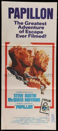 6s918 PAPILLON Aust daybill '73 great art of prisoners Steve McQueen & Dustin Hoffman by Tom Jung!