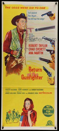 6s935 RETURN OF THE GUNFIGHTER Aust daybill '67 cowboy Robert Taylor has six guns pointed at him!