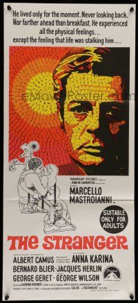 6s962 STRANGER Aust daybill '68 Luchino Visconti's Lo Straniero, cool art of Mastroianni!