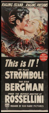 6s964 STROMBOLI Aust daybill '50 Ingrid Bergman, directed by Roberto Rossellini, cool volcano art!
