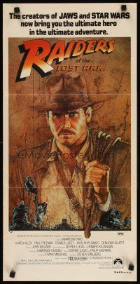 6s927 RAIDERS OF THE LOST ARK Aust daybill '81 art of adventurer Harrison Ford by Richard Amsel!