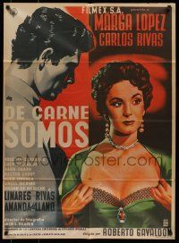 6s099 DE CARNE SOMOS Mexican poster '55 artwork of sexy Marga Lopez pulling her shirt open!
