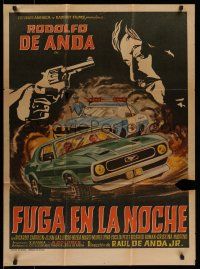 6s118 FUEGA EN LA NOCHE Mexican poster '73 cool artwork of police car chasing a Ford Mustang!