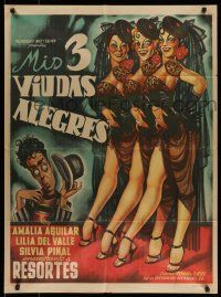 6s148 MIS 3 VIUDAS ALEGRES Mexican poster '53 wacky Cabral art of Resortes & sexy showgirls!