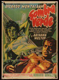 6s159 SOMBRA VERDE Mexican poster '56 art of Ricardo Montalban attacked by snake by sexy woman!