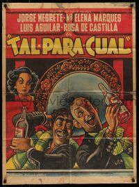 6s163 TAL PARA CUAL Mexican poster '53 Cabral art of girl watching men in sombreros drinking!