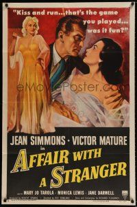 6t011 AFFAIR WITH A STRANGER style A 1sh '53 art of Jean Simmons, Victor Mature & sexy bad girl!