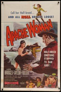 6t020 APACHE WOMAN 1sh '55 art of naked cowgirl in water pointing gun at Lloyd Bridges!