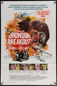 6t054 BREAKOUT blue tagline style 1sh '75 Jim Pearsall action artwork, Charles Bronson!