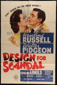 6t129 DESIGN FOR SCANDAL 1sh '41 artwork of Walter Pidgeon about to kiss Rosalind Russell!