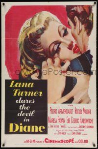 6t137 DIANE 1sh '56 sexy Lana Turner dares the devil, great close up romantic art!