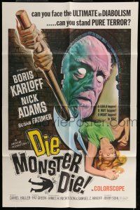 6t139 DIE, MONSTER, DIE 1sh '65 cool artwork of Boris Karloff, the ultimate in diabolism!