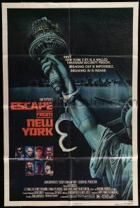 6t201 ESCAPE FROM NEW YORK advance 1sh '81 Carpenter, art of handcuffed Lady Liberty by Stan Watts!